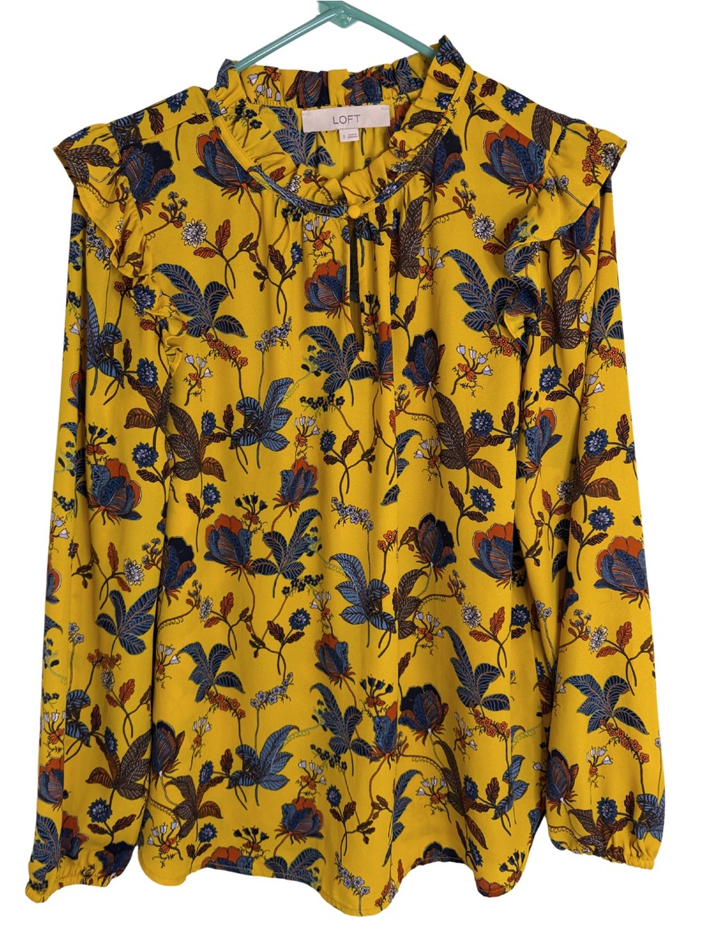 LOFT Mustard Yellow Floral Ruffle Neck Long Sleeve Blouse Size Small